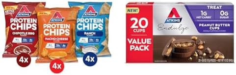 Atkins Protein Chips Variety Pack, 4g Net Carbs, 13g Protein, Gluten Free, Low Glycemic, Keto Friendly, 12 Count & Endulge Peanut Butter Cups, Dessert Favorite, Low Carb, 0g Sugar, 20 Count