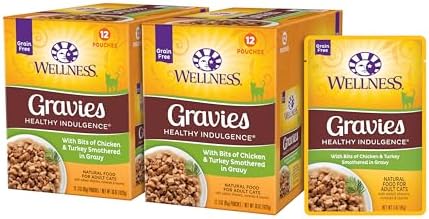 Wellness Healthly Indulgence Gravy Adult Wet Cat Food, Natural, Protein-Rich, Grain Free, 3 Ounce Pouch, 24 Pack, (Chicken & Turkey)