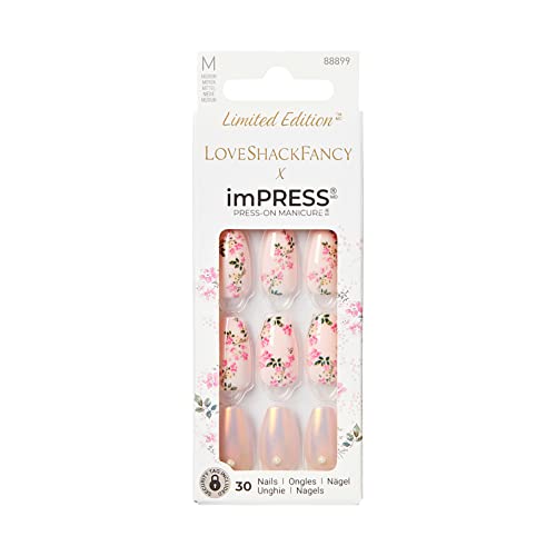 KISS LoveShackFancy x imPRESS Press-On Manicure Limited Edition, Style "Rosie Peach Sky" Medium Coffin Pink Press-On Nails, Includes Prep Pad, Mini Nail File, Cuticle Stick, & 30 Fake Nails