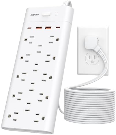 Power Strip Surge Protector Outlet Extender with 14 Outlets and 4 USB Ports (2 USB C), 15 Ft Extension Cord & Flat Plug, 1700 Joules, Wall Mount for Home, Office, Dorm, White