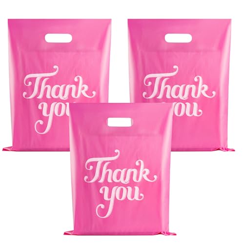 FloraSea 100 Pcs Pink 12x15 Thank You Bags, Merchandise Bags, Shopping Bags for Goodie Bags,Boutique, Retail, Party,Gift Bags, Clothes,Reusable Plastic Bags with handles