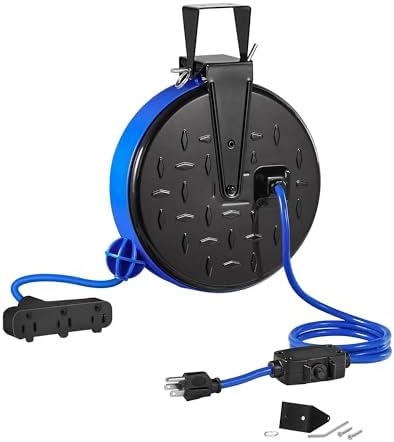 30 Ft Retractable Extension Cord Reel, 16/3 Gauge SJTW Power Cord with 3 Electrical Outlets Pigtail for Garage and Shop, 10 Amp Circuit Breaker, Metal Plate, UL Listed, Blue U30CR06