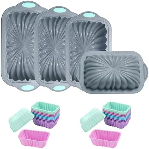 To encounter 28 Pieces Silicone Fluted Loaf Pans Set, Non-stick 4/6/8 Cups Toast Pan, BPA Free Silicone Mold for Bread, Meatloaf, Cake, with 24 Pack Baking Cups, Light Grey