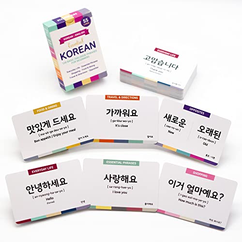Pocket-Sized 55 Korean Basic Dialogue Flashcards - 128 Basic Phrases/Words for Beginners