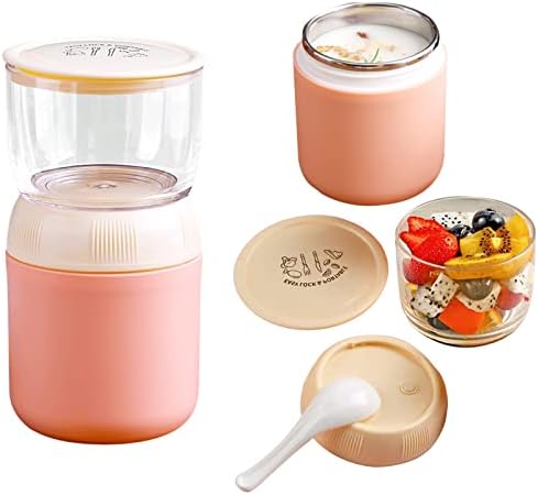 Insulated Yogurt Container with Topping Cereal or Oatmeal Cup, Reusable Portable Leak-Proof Food Storage Jar with Lid and Spoon, Breakfast On the Go Cup for Milk, Granola, BPA Free, Pink