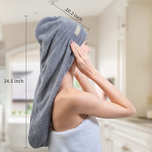 myHomeBody Hair Towel Wrap, Luxury Rapid-Dry Hair-Drying Turban, Ultra Soft and Quick Drying Absorbent Fiber, with Coconut Shell Button – Light Gray, Pink, White, 3 Pack