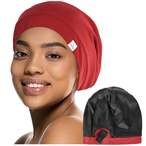 YANIBEST Silk Satin Bonnet Hair Cover Sleep Cap - Wine Red Adjustable Stay on Silk Lined Slouchy Beanie Hat for Night Sleeping