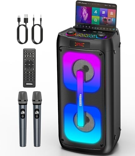 Karaoke Machine for Adults with 2 Wireless Microphones, Portable Bluetooth Speaker PA System with Dicso Lights for Big Pary, Stage Subwoofers, Outdoor, Ideal Gifts for Family, Music Lover