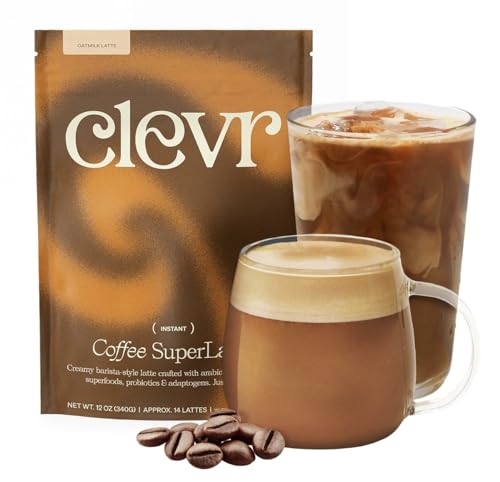 Clevr Blends Mushroom Coffee Latte, Instant Powder with Oat Milk, Lions Mane, Reishi Mushroom, 100% Arabica Coffee Beans Medium Roast Fair Trade, Coconut Cream, Ashwagandha, Serve Hot or Iced, 12 oz