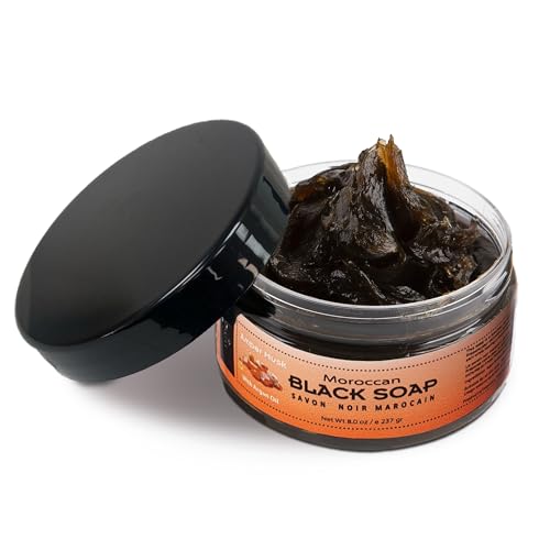 Zakia's Morocco Black Soap (Beldi Soap) with Amber Musk - 100% natural Moroccan Black Soap, Body Scrub, Pure & Natural, Purifying, Cleansing, exfoliating for Hammam Ritual- 8.0 Oz / 226gr