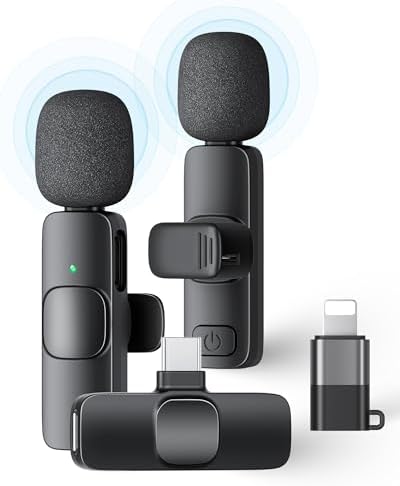 2 Pack Wireless Lavalier Microphone for iPhone iPad and Android Phone, Lapel Mic Plug and Play Wireless Mic Noise Reduction Microphone for Video Recording Interview Podcast Vlog YouTube Tiktok