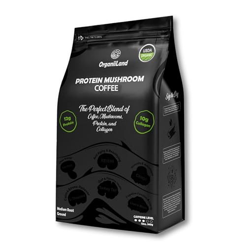 OrganiiLand Protein Mushroom Coffee Mix – Instant Coffee Alternative with Collagen, Lion’s Mane, Chaga, Reishi, and Natural Ingredients