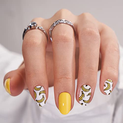 BTArtbox Press On Nails Short - Fall Fake Nails with Glue Yellow Reusable Glue On Nails in 15 Sizes, Cute Stick On Nails Kit, Banana