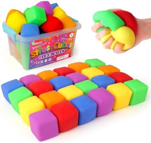 24 Pack Mini Slow Rise Stress Cube: Pull Stretch Fidget Toys for Anxiety Relief, Dough Squishy Toys Bulk for Kids, Classroom Prize Box Toys, Fidgets for Classroom, Hand Therapy Sensory Squishy Ball