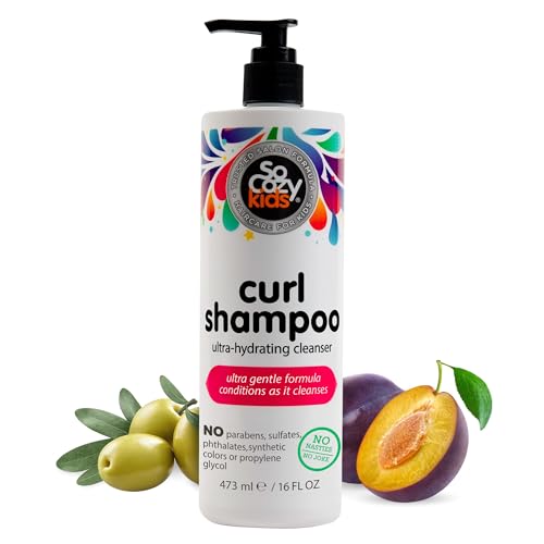 SoCozy Curl Shampoo for Kids Curly Hair (16 Fl Oz Pump) Gentle Hydrating Cleanser, Helps Improve Elasticity, Reduce Breakage & Frizz with Keratin, Plum Seed Oil & Olive Oil, Paraben & Sulfate-Free