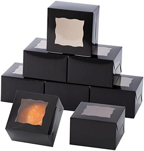 100Pcs Paper Cookie Boxes With Window Small Bakery Boxes 4x4x2.5 Inches Mini Cake Boxes For Pastries,Cupcakes,Desserts,Donuts,Chocolate Strawberries,Candy,Treat Boxes(4 * 4 * 2.5,Black)