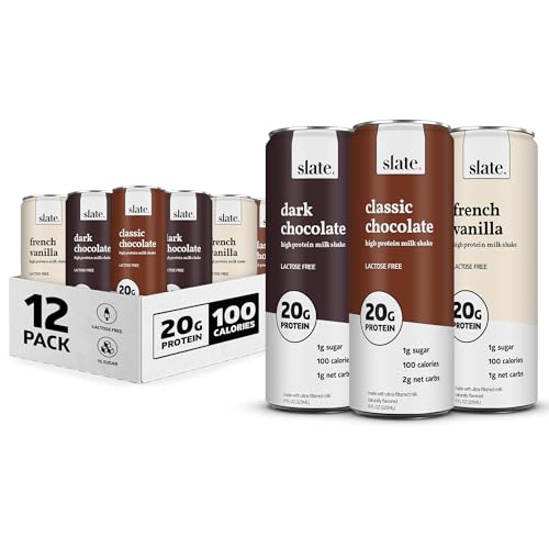 Slate Milk - High Protein Milk Shake - Core Variety Pack - Classic Chocolate, Dark Chocolate, French Vanilla - Lactose Free, 20g Protein, 1g Sugar, 100 Calories, 1-2g Net Carbs - 11 fl oz, 12 Cans