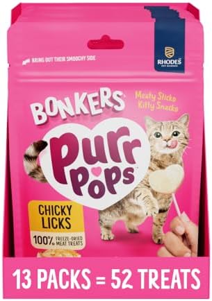 Bonkers Purrpops, Freeze Dried Chicken Flavor Lollipop Cat Treats, Healthy Single Ingredient Treats, Training Treats or Food Topper, for All Breeds and Ages, Value Pack (13 Pack, 52 Pieces)