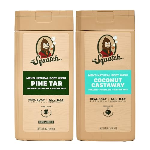 Dr. Squatch NEW Natural Body Wash for Men - Exfoliating and Non-Exfoliating - Pine Tar + Coconut Castaway (14 oz, 2 Pack)