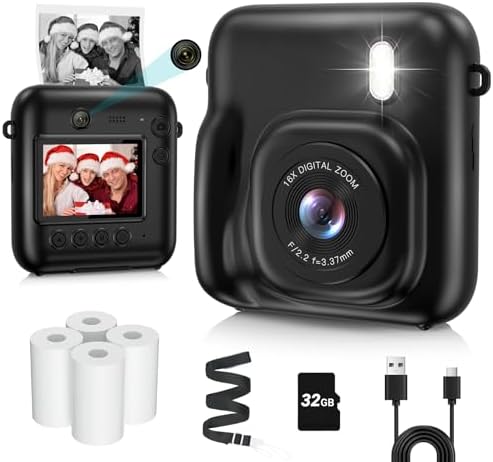 Kids Camera Instant Print, Dual-Lens 48MP Digital Camera for Christmas Birthday Gifts, 1080P Selfie Instant Cameras for Kids with 32GB Card, Instant Print Digital Camera for Girls Boys-Black