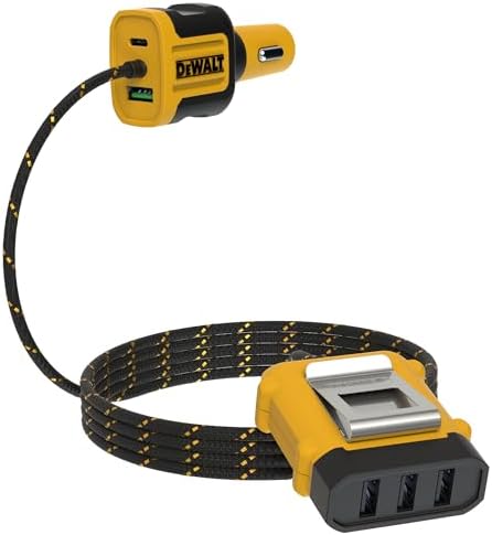 DEWALT 5-Port Front & Back Seat Mobile USB PD Car Charger, 72W Car Charger Adapter, USB Car Charger for Multiple Devices, Cigarette Lighter Adapter USB Charger with Cable for Back Seat Charging