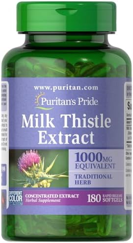 Puritan's Pride Milk Thistle Silymarin 4:1 Concentration Extract 200mg (1000 Mg Equivalent) Dietary Supplement for Liver Support, 6 Month Supply, 180 Count
