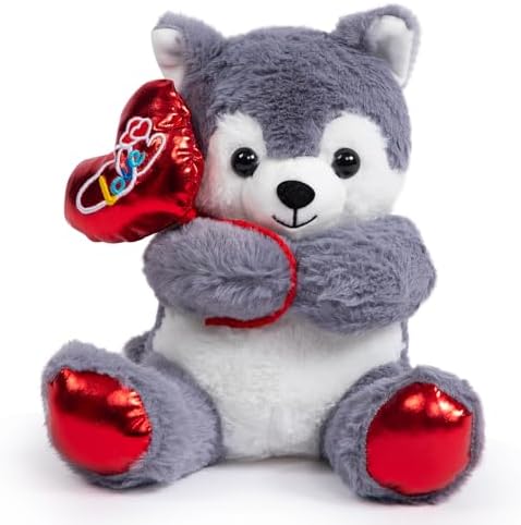HollyHOME Husky Stuffed Animal Husky Plush Holding Red Love Balloon for Kids and Girlfriend Toy Gifts 10 inches
