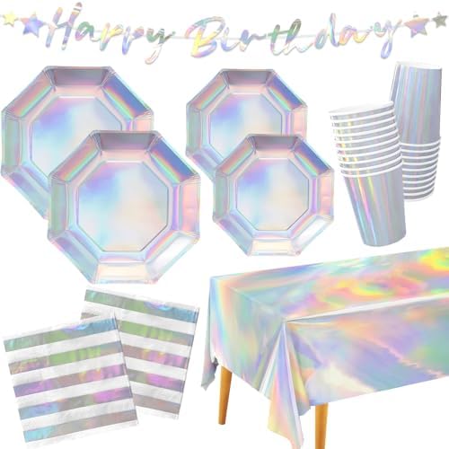 Iridescent Party Supplies - Disposable Paper Plates, Cups, Napkins, Tablecloth & Banner - Ideal for Mermaid Themed Events & Birthday or Wedding Party Decoration - Serves 25