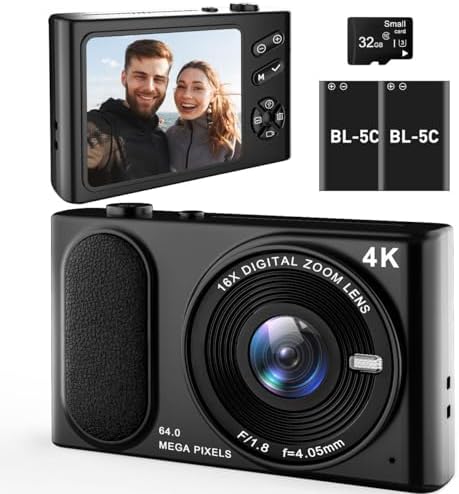 4K UHD Digital Camera, 64MP Autofocus Vlogging Camera 16X Zoom, Compact Digital Point and Shoot Camera with Anti-Shake, Small Travel Camera for Adult Beginners Teens, 32GB Card, 2 Batteries(Black)
