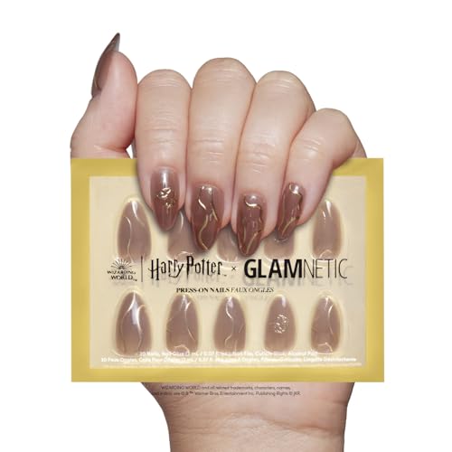 Harry Potter™ x Glamnetic Press On Nails - Golden Cup™ | Semi-Transparent Brown 3D Graphic Short Almond False Nails, Reusable Stick On Fake Nails with Glue | Salon Quality | 15 Sizes - 30 Nail Kit