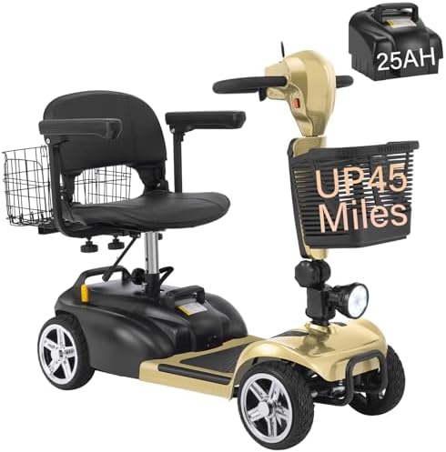 15-45 Miles Ecomobi MS02 4 Wheels Mobility Scooter for Adults/Seniors, 350W Powered Electric Wheelchair Device w/15Ah-25Ah Extended Battery, Dual Baskets/Rotating Seat, Compact Duty Mobile for Elderly