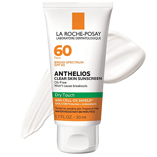 La Roche-Posay Anthelios Clear Skin Sunscreen Dry Touch SPF 60, Oil Free Sunscreen For Face, Oil Absorbing, Broad Spectrum SPF + Antioxidants, Non-Greasy, Oxybenzone Free, Travel Size