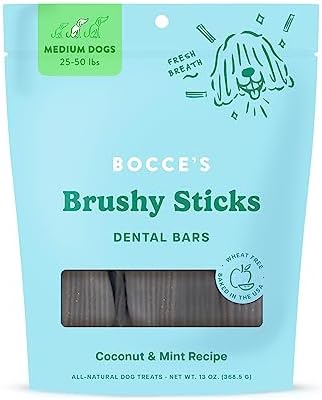 Bocce's Bakery Dailies Brushy Sticks to Support Oral Health & Fresh Breath, Wheat-Free Dental Bars for Dogs, Made with Real Ingredients, Baked in The USA, All-Natural Coconut & Mint, Medium Dogs