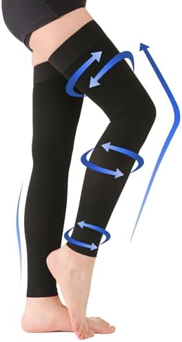 KEKING® Thigh High Compression Stockings Footless, Unisex, 15-20mmHg Leg Support Compression Sleeves with Anti-Slip Silicone Band, Opaque, Treatment Swelling, Varicose Veins, Edema, DVT, Black Small