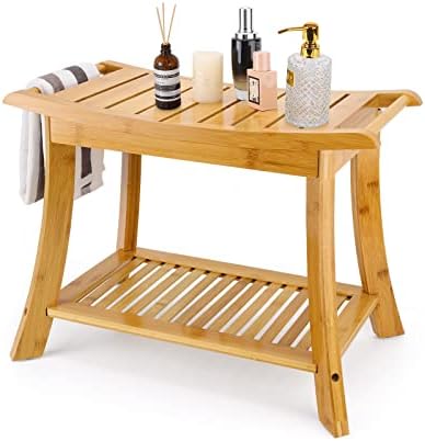 VVW Bamboo Shower Bench & Stool with Storage Shelf, Bath Benches for Inside Shower, Bathroom Stools 2-Tier Spa Seat for Adults Elderly (Beige)