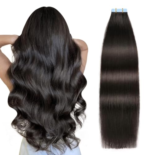 SUYYA Tape in Hair Extensions Human Hair Natural Black 30 Inch 60g/pack 20pcs Straight Seamless Skin Weft Tape in Real Human Hair Extensions (30 inch #1B Off Black)