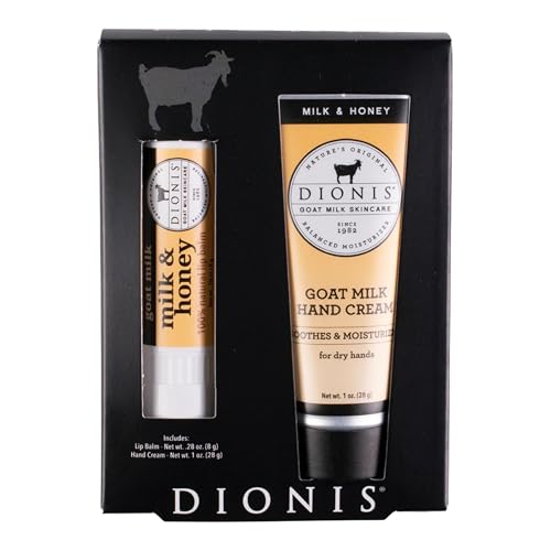 Dionis Goat Milk Skincare Milk & Honey Scented Hand Cream & Lip Balm Set (1 oz and .28 oz) - Safe For Sensitive Skin, Soothes Chapped Lips and Dry Skin, Cruelty-free and Paraben-free