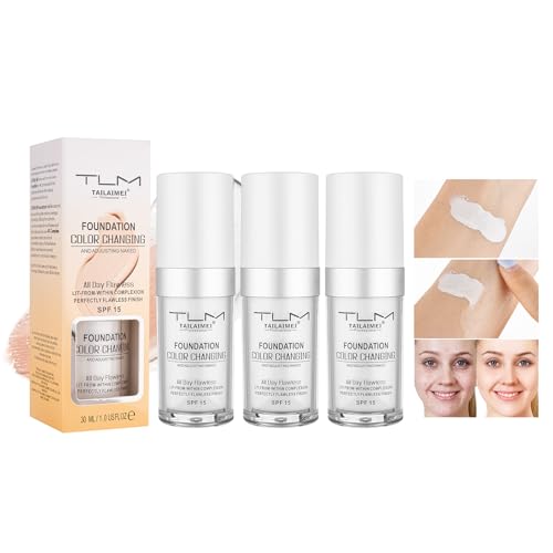 TLM Color Changing Foundation for Color Correction, Even Skin Tone and Coverage of Imperfections for a Natural Facial Look, includes SPF15 Foundation, Full Coverage Foundation 1.0floz x3pcs