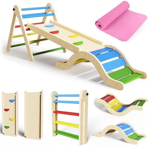 Pikler Triangle Set 7in1 Toddler Toy Indoor Foldable Montessori Climbing Set with Arch, Ramp, Ladder for 1-3 Years, Jungle Gym for Kids Colored