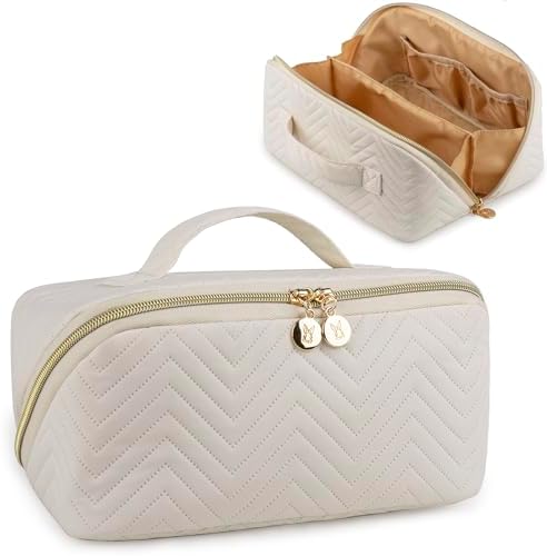 Makeup Bag Cosmetic Bag, Large Capacity Travel Makeup Bag for Women with Portable Pouch Open Flat Water-resistant Toiletry Organizer Bag with Handle (Beige)