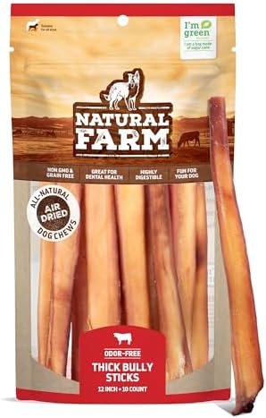 Natural Farm Odor-Free Thick Bully Sticks (12”, 10-Pack) All-Natural Long-Lasting Dog Chews, 100% Beef Pizzle, Grass-Fed, Grain-Free, Protein for Muscle Development & Energy, Perfect for Large Dogs