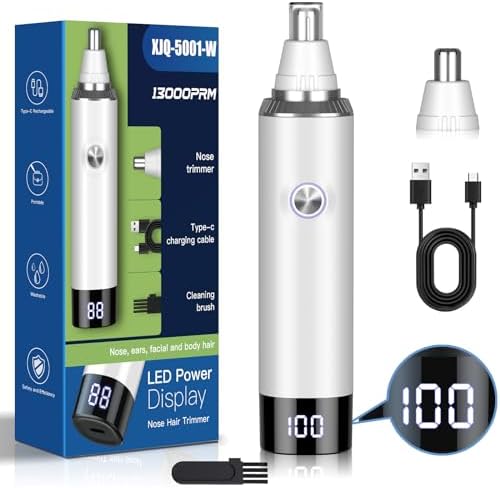 Ear & Nose Hair Trimmer with LED Display for Men Women,Painless USB Rechargeable Eyebrow & Facial & Nose Hair Trimmer Clipper,Professional IPX7 Waterproof Dual Edge Blades 12,000 RPM (White)