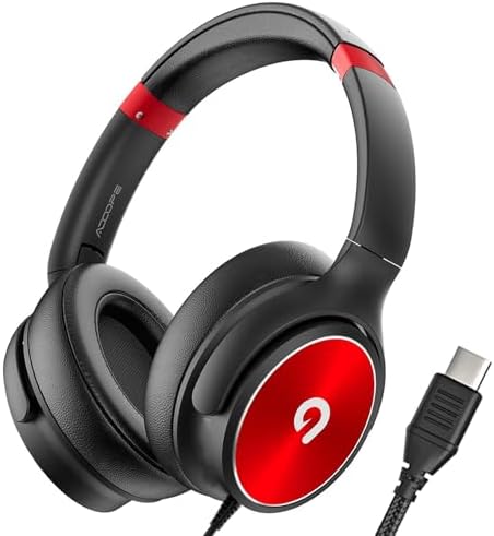 USB C Wired Headphones with Mic, Foldable Headphones, 95dB Volume Limited, Comfortable Ear Pads, Suitable for Kids/Adults. Compatible with Tablets, Phones, Laptops - Black & Red