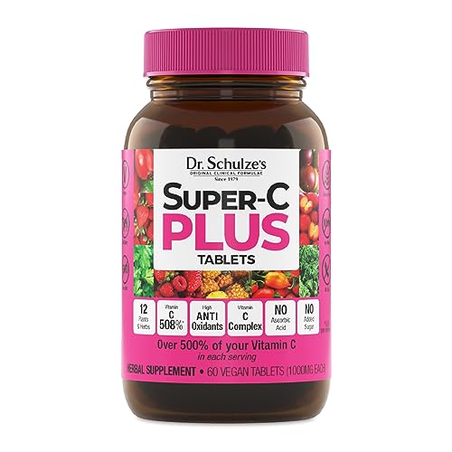 Dr. Schulze's | Super-C Plus | Vitamin C Complex | Clinical Herbal Formula | Dietary Supplement | Immunity Support | Increase Collagen Formation & Iron Absorption | 60 Chewable Tablets (1000 mg)