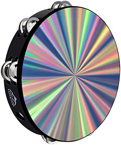 EASTROCK Radiant Tambourine Hand Held Drum 10 Inch Double Row Jingles Reflective Tambourine Musical Instrument for Kids Adults Church KTV Party