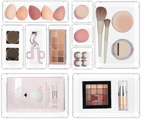 Vtopmart 10 Pcs Makeup Drawer Organizer Bins Set, 4 Size Plastic Makeup and Vanity Organizer Trays, Clear Acrylic Vanity Storage Containers for Cosmetics, Toiletries, Jewelry, Gadgets, Office Supply