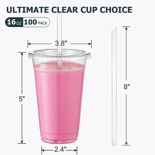 AOZITA 100Pack, 16 oz Plastic Cups With Lids and Straws, Disposable Clear Plastic Cups With Lids for Iced Coffee, Smoothie, Milkshake and Cold Drinks