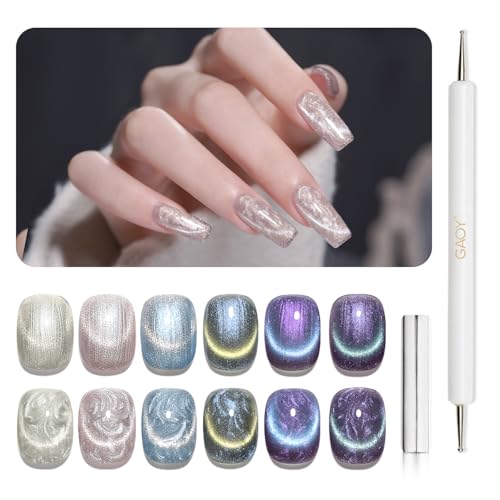 GAOY Pearl Glitter Cat Eye Gel Nail Polish Set, 6 Colors Shimmer Mermaid White Blue Iridescent Soak Off UV Light Cure Gel Polish Kit for Salon and Nail Art DIY at Home