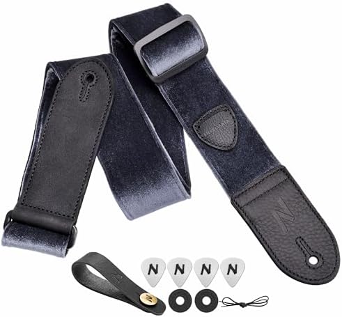 Nefelibata Guitar Strap,Double Full-Grain Leather Ends,Vintage Velvet Strap/FREE BONUS-4 Picks+Strap Locks+Strap Button,Gift For Bass,Electric&Acoustic Guitars(Vintage Deep Sea Blue)