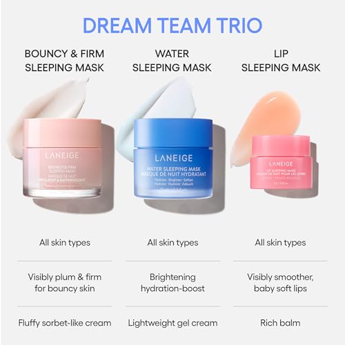 LANEIGE Dream Team Trio: Water Sleeping Mask, Lip Sleeping Mask, Bouncy and Firm Mask, Barrier-Boosting Hydration Travel Sized